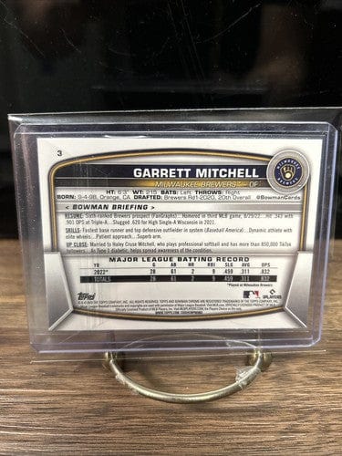 2023 Bowman Chrome Base #3 Garrett Mitchell RC Milwaukee Brewers