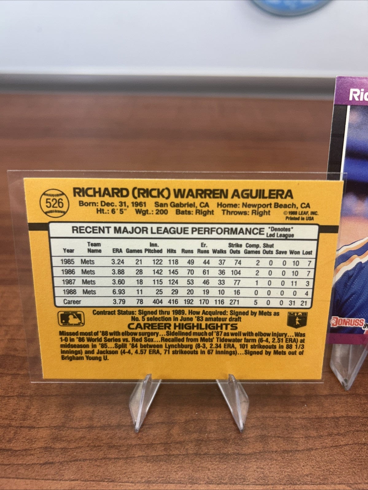 Rick Aguilera 1989 Donruss Baseball Card New York Mets #526 +Bonus Car