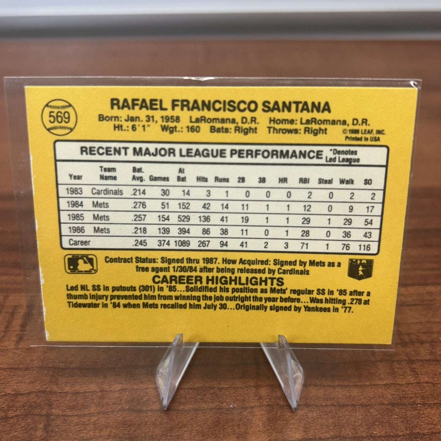 Rafael Santana 1987 Donruss Baseball Card #569 New York Mets