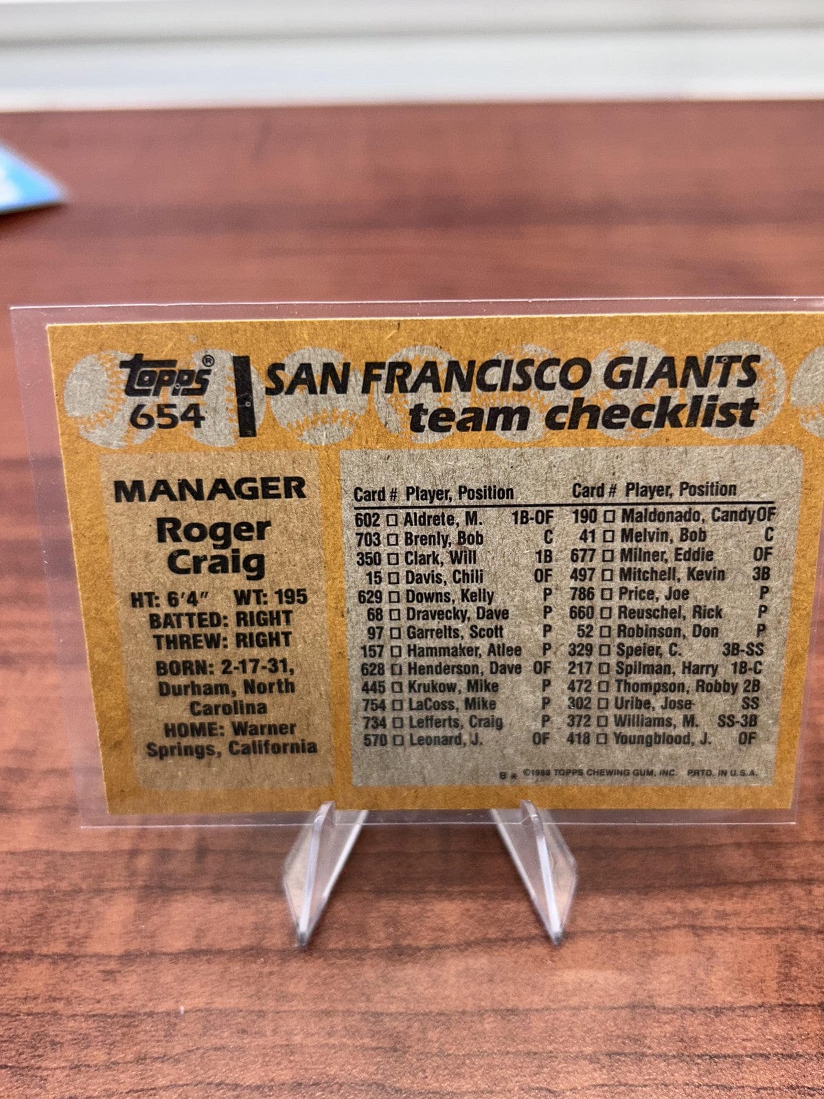 Roger Craig 1988 Topps #654 San Francisco Giants