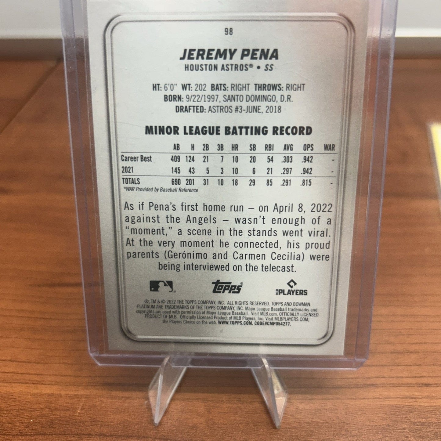 Jermey Pena 2022 Bowman Platinum Ice Foil Parallel Houston Astro Card