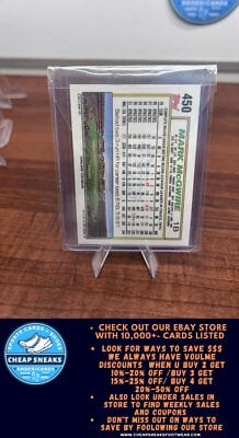 Cheap Sneaks Footwear/Sports Cards Baseball Card Mark McGwire 1992 Topps #450 Oakland Athletics