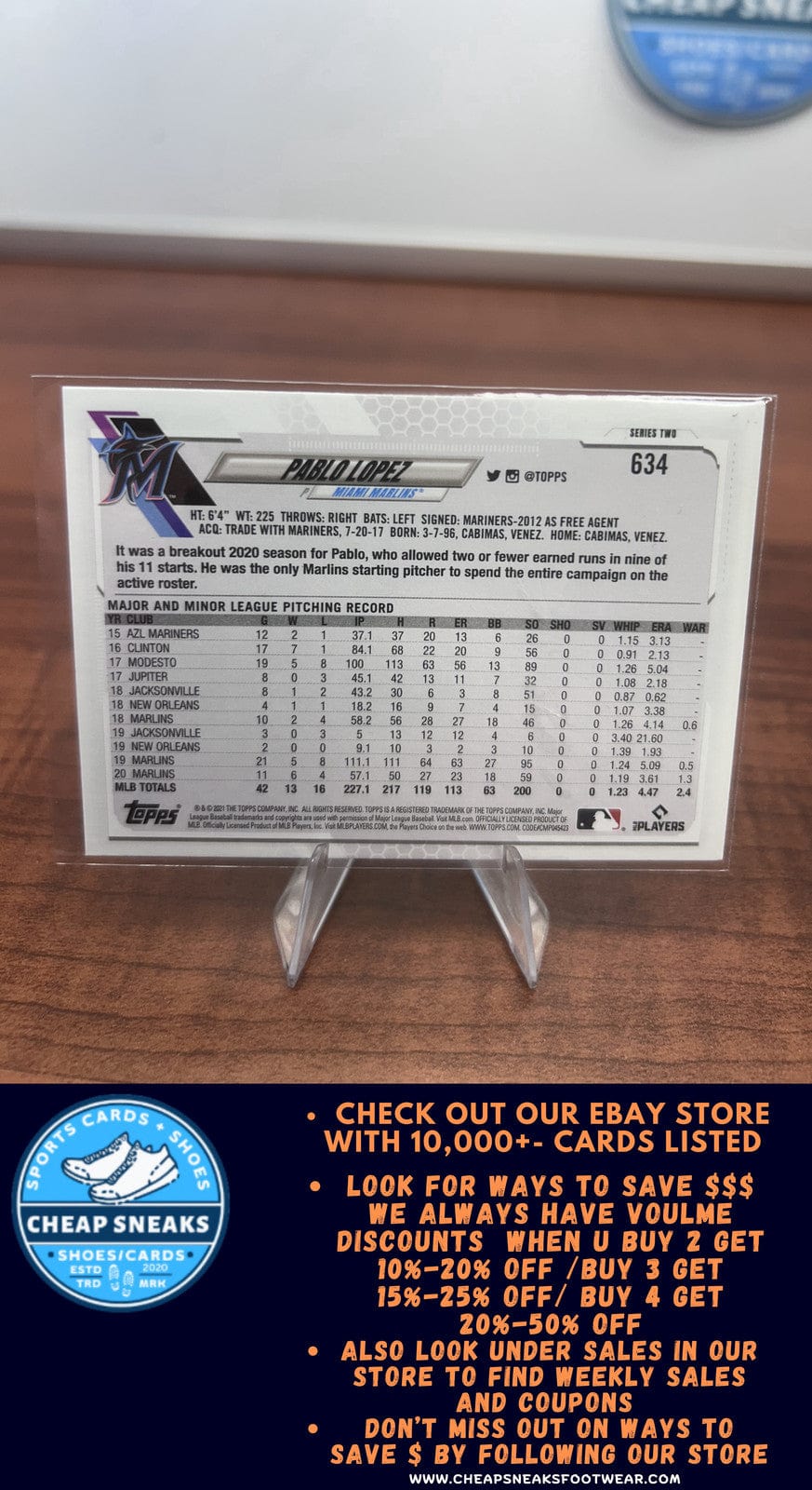 Cheap Sneaks Footwear/Sports Cards Baseball Card Pablo Lopez 2021 Topps #634 Miami Marlins + Bonus Card