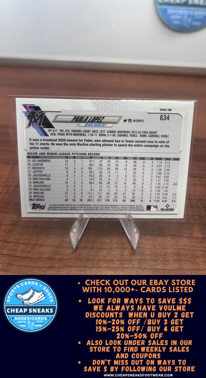 Cheap Sneaks Footwear/Sports Cards Baseball Card Pablo Lopez 2021 Topps #634 Miami Marlins + Bonus Card