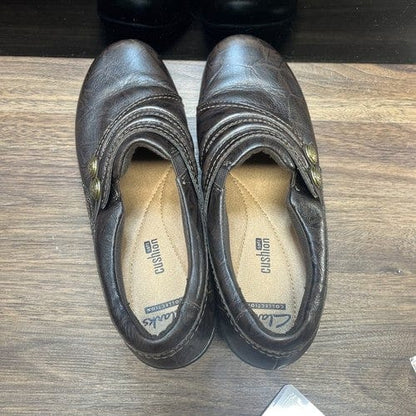 Cheap Sneaks Footwear/Sports Cards Shoes Women Clarks Shoes Womens 7M Mottled Clogs Brown Leather Sip On Casual Round