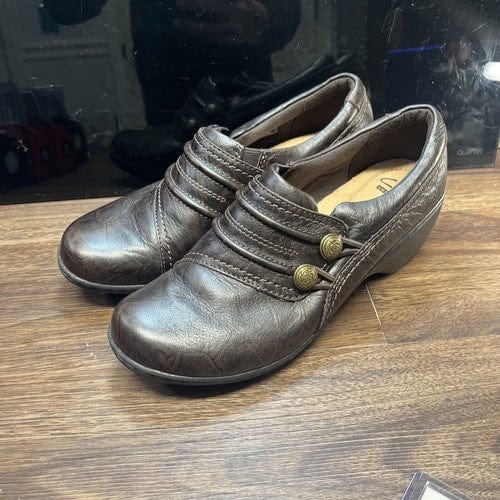 Cheap Sneaks Footwear/Sports Cards Shoes Women Clarks Shoes Womens 7M Mottled Clogs Brown Leather Sip On Casual Round